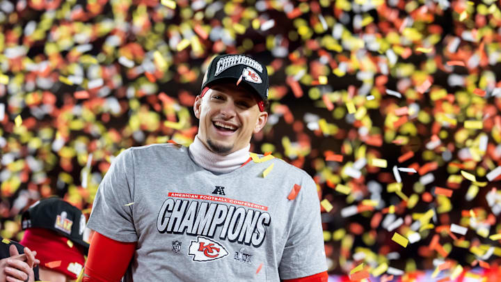 Jan 26, 2025; Kansas City, MO, USA; Confetti falls as Kansas City Chiefs quarterback Patrick Mahomes celebrates after defeating the Buffalo Bills during the AFC Championship game at GEHA Field at Arrowhead Stadium. Mandatory Credit: Mark J. Rebilas-Imagn Images