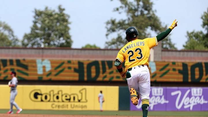 May 2, 2026; West Sacramento, California, USA; Athletics catcher Shea Langeliers (23) reacts after hitting a tow-run home run against the Cleveland Guardians during the first inning at Sutter Health Park. Mandatory Credit: Dennis Lee-Imagn Images