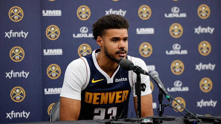Sep 29, 2025; Denver, CO, USA; Denver Nuggets player Cam Johnson (23) address the media during media day at Ball Arena. Mandatory Credit: Isaiah J. Downing-Imagn Images
