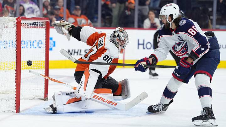 Mar 14, 2026; Philadelphia, Pennsylvania, USA; Columbus Blue Jackets right wing Kirill Marchenko (86) scores a shootout goal against Philadelphia Flyers goalie Dan Vladar (80) in overtime at Xfinity Mobile Arena. Mandatory Credit: Kyle Ross-Imagn Images