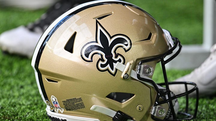 Nov 12, 2023; Minneapolis, Minnesota, USA; A New Orleans Saints helmet during the game between the Minnesota Vikings and the New Orleans Saints at U.S. Bank Stadium. Mandatory Credit: Jeffrey Becker-Imagn Images