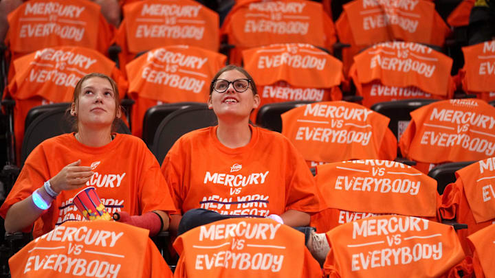Fans begin to enter the Mortgage Matchup Center for Game 3 of the WNBA Finals where the Phoenix Mercury will play against the Las Vegas Aces in Phoenix on Oct. 8, 2025.