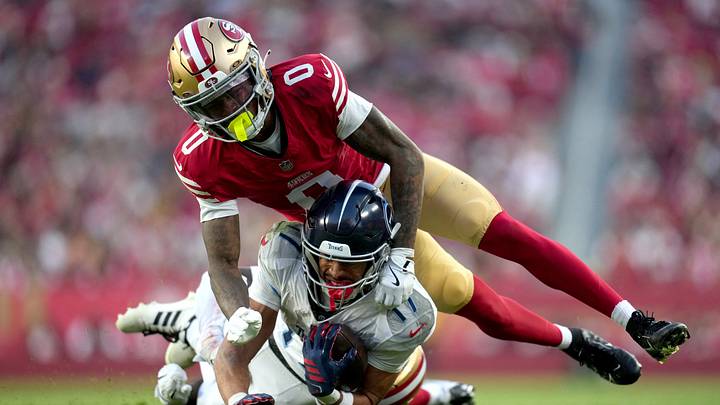 Dec 14, 2025; Santa Clara, California, USA; San Francisco 49ers cornerback Renardo Green (0) tackles Tennessee Titans wide receiver Chimere Dike (17) during the fourth quarter at Levi's Stadium. Mandatory Credit: Cary Edmondson-Imagn Images Dec 14, 2025; Santa Clara, California, USA; San Francisco 49ers cornerback Renardo Green (0) tackles Tennessee Titans wide receiver Chimere Dike (17) during the fourth quarter at Levi's Stadium. Mandatory Credit: Cary Edmondson-Imagn Images
