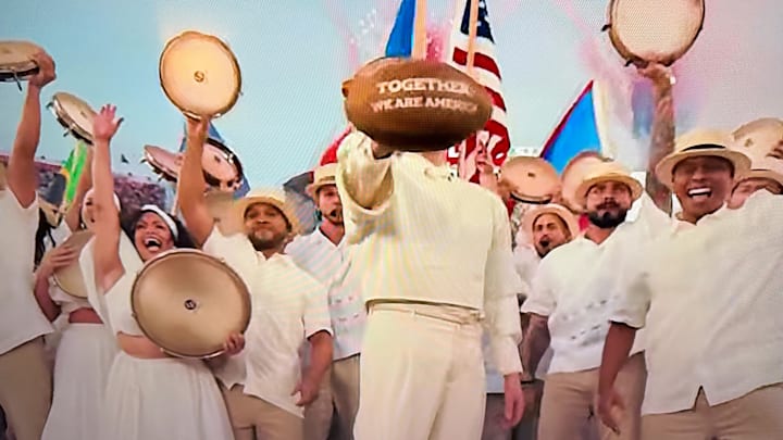 Bad Bunny had a message written on the football he carried during his Super Bowl LX halftime show performance.