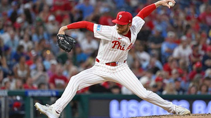 Aug 3, 2026; Philadelphia, Pennsylvania, USA; Philadelphia Phillies pitcher Kyle Backhus (19) throws a pitch during the seventh inning against the Washington Nationals at Citizens Bank Park. Mandatory Credit: Eric Hartline-Imagn Images