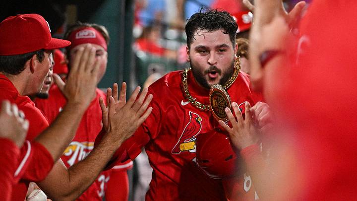 Jul 10, 2026; St. Louis, Missouri, USA; St. Louis Cardinals catcher Jimmy Crooks (8) is congratulated by teammates after hitting a solo home run against the Atlanta Braves during the eighth inning at Busch Stadium. Mandatory Credit: Jeff Curry-Imagn Images Jul 10, 2026; St. Louis, Missouri, USA; St. Louis Cardinals catcher Jimmy Crooks (8) is congratulated by teammates after hitting a solo home run against the Atlanta Braves during the eighth inning at Busch Stadium. Mandatory Credit: Jeff Curry-Imagn Images