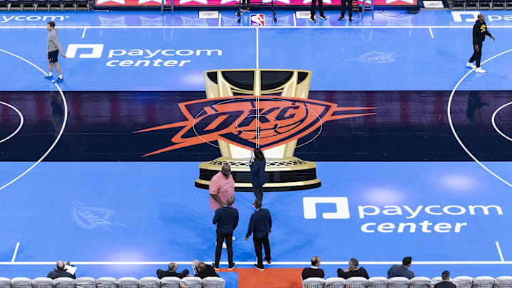 Nov 3, 2023; Oklahoma City, Oklahoma, USA; A view of the tournament court before the game between the Golden State Warriors and Oklahoma City Thunder at Paycom Center. Mandatory Credit: Alonzo Adams-USA TODAY Sports