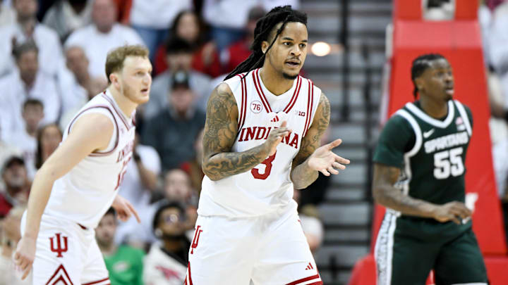 Mar 1, 2026; Bloomington, Indiana, USA; Indiana Hoosiers guard Lamar Wilkerson (3) celebrates after a play against the Michigan State Spartans during the first half at Simon Skjodt Assembly Hall. Mandatory Credit: Robert Goddin-Imagn Images
