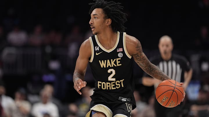 Mar 10, 2026; Charlotte, NC, USA; Wake Forest Demon Deacons forward Juke Harris (2) brings the ball up court against the Virginia Tech Hokies during the second half at Spectrum Center. Mandatory Credit: Jim Dedmon-Imagn Images