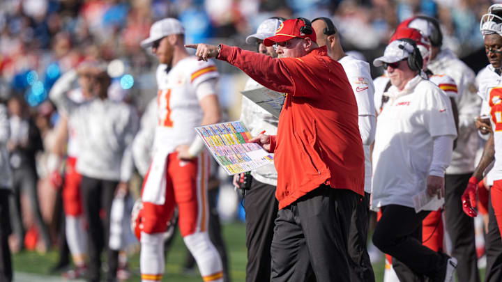 Nov 24, 2024; Charlotte, North Carolina, USA;  Kansas City Chiefs head coach Andy Reid yells out to his offense during the second quarter against the Carolina Panthers at Bank of America Stadium. Mandatory Credit: Jim Dedmon-Imagn Images