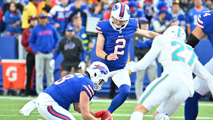 Buffalo Bills kicker Tyler Bass (2) made a 61-yard field goal to take the lead over the Miami Dolphins in the fourth quarter at Highmark Stadium last season. Buffalo Bills kicker Tyler Bass (2) made a 61-yard field goal to take the lead over the Miami Dolphins in the fourth quarter at Highmark Stadium last season.