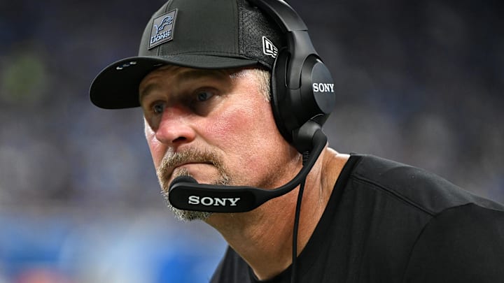 Detroit Lions head coach Dan Campbell looks on during the second quarter of the game against the Chicago Bears at Ford Field.