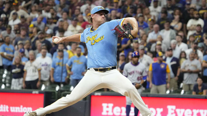 Aug 9, 2025; Milwaukee, Wisconsin, USA; Milwaukee Brewers pitcher Trevor Megill (29) delivers a pitch against the New York Mets in the ninth inning at American Family Field. Mandatory Credit: Michael McLoone-Imagn Images