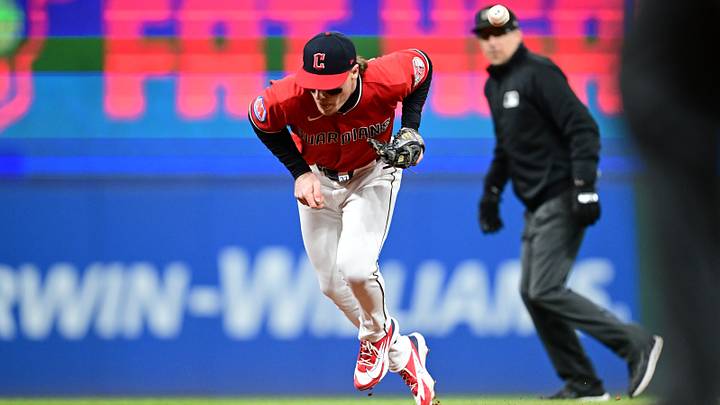 Oct 17, 2026: Cleveland Guardians infielder Travis Bazzana (37) commits a fielding error on a ball hit by Tampa Bay Rays outfielder Chandler Simpson (not pictured) during the first inning in Game 4 of the ALCS for the 2026 MLB Playoffs at Progressive Field.  Credit: David Dermer-Imagn Images