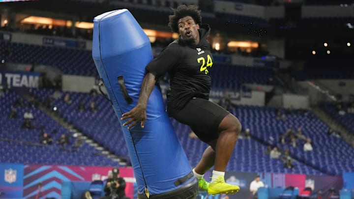 Feb 27, 2025; Indianapolis, IN, USA; Tennessee defensive lineman Omarr Norman-Lott (DL24) participates in drills during the 2025 NFL Combine at Lucas Oil Stadium. Mandatory Credit: Kirby Lee-Imagn Images
