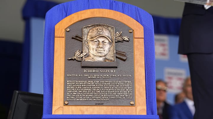 Jul 27, 2025; Cooperstown, NY, USA; A plaque for Hall of Fame inductee Ichiro Suzuki on display during the Baseball Hall of Fame Induction Ceremony at the Clark Sports Center. Mandatory Credit: Gregory Fisher-Imagn Images Jul 27, 2025; Cooperstown, NY, USA; A plaque for Hall of Fame inductee Ichiro Suzuki on display during the Baseball Hall of Fame Induction Ceremony at the Clark Sports Center. Mandatory Credit: Gregory Fisher-Imagn Images