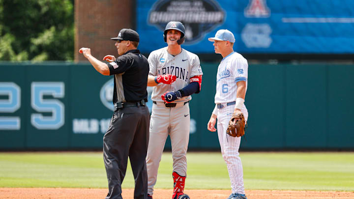 Jun 8, 2025; Chapel Hill, NC, USA; Arizona outfielder Aaron Walton (11) celebrates being on base during the first inning of the Super Regionals game against North Carolina in Chapel Hill, North Carolina. Mandatory Credit: Jaylynn Nash-Imagn Images