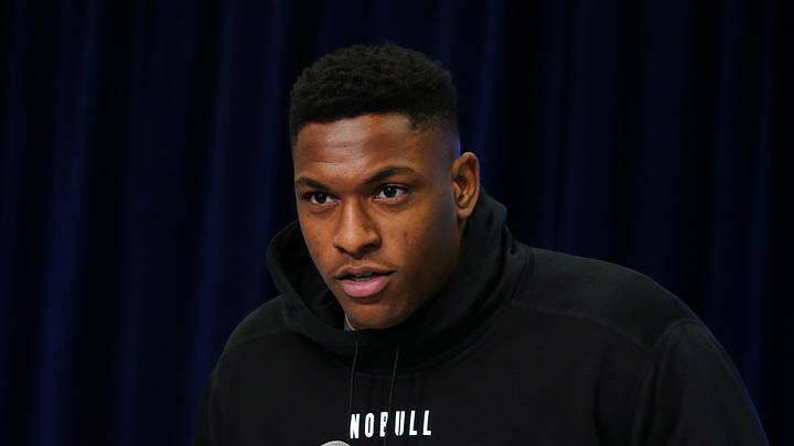 Feb 28, 2024; Indianapolis, IN, USA; Louisiana State defensive lineman Maason Smith (DL24) speaks at a press conference at the NFL Scouting Combine at Indiana Convention Center. Mandatory Credit: Kirby Lee-USA TODAY Sports