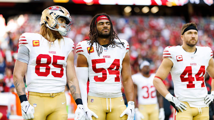 San Francisco 49ers tight end George Kittle (85), linebacker Fred Warner (54) and fullback Kyle Juszczyk (44)