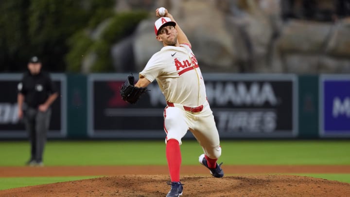 Jul 12, 2024; Anaheim, California, USA; Los Angeles Angels starting pitcher Tyler Anderson (31) throws in the fourth inning against the Seattle Mariners at Angel Stadium. Mandatory Credit: Kirby Lee-USA TODAY Sports