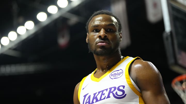Los Angeles Lakers guard Bronny James (9) against the Boston Celtics at Summer League.
