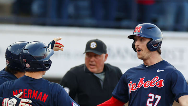 Judd Utermark celebrates hitting a home run during Ole Miss baseball's win over Wright State at Swayze Field on Feb. 28, 2025.