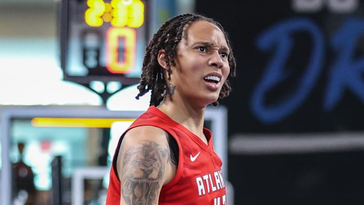 Atlanta Dream center Brittney Griner (42) reacts to a shot against the New York Liberty during the first quarter at Gateway Center Arena at College Park. 
