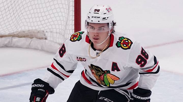 Apr 6, 2026; San Jose, California, USA;  Chicago Blackhawks center Connor Bedard (98) looks for the puck against the San Jose Sharks in the third period at SAP Center at San Jose. Mandatory Credit: David Gonzales-Imagn Images