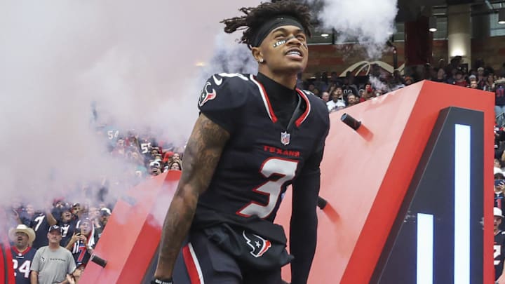 Houston Texans wide receiver Tank Dell (3) runs onto the field before the game against the Miami Dolphins at NRG Stadium.