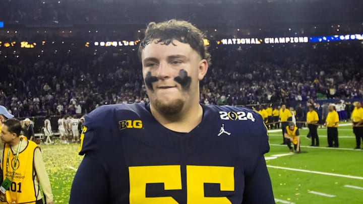 Jan 8, 2024; Houston, TX, USA; Michigan Wolverines defensive lineman Mason Graham (55) against the Washington Huskies during the 2024 College Football Playoff national championship game at NRG Stadium. Mandatory Credit: Mark J. Rebilas-USA TODAY Sports