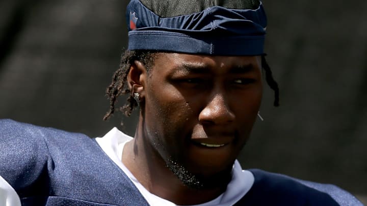 Dallas Cowboys linebacker DeMarvion Overshown during training camp at the River Ridge Playing Fields in Oxnard 