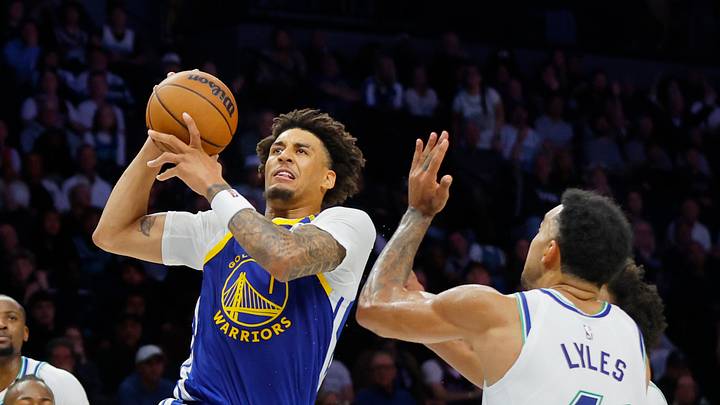 Oct 28, 2026; Minneapolis, Minnesota, USA;  Golden State Warriors forward Yaxel Lendeborg (1) goes to the basket against Minnesota Timberwolves forward Trey Lyles (41) in the fourth quarter at Target Center.  Mandatory Credit: Bruce Kluckhohn-Imagn Images