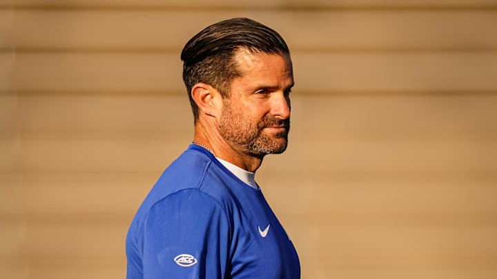 Nov 8, 2025; East Hartford, Connecticut, USA; Duke Blue Devils head coach Manny Diaz on the field before the start of the game against the UConn Huskies at Pratt & Whitney Stadium at Rentschler Field. Mandatory Credit: David Butler II-Imagn Images