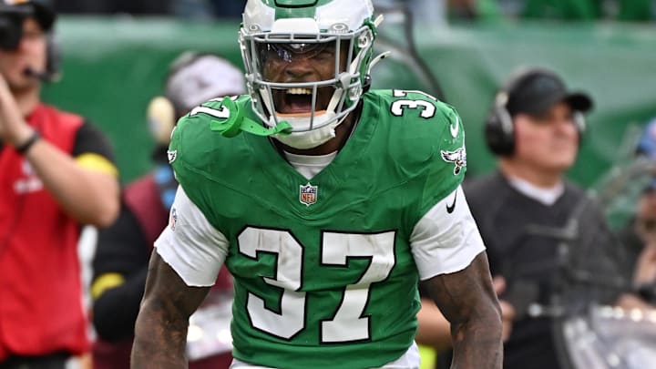 Oct 26, 2025; Philadelphia, Pennsylvania, USA;  Philadelphia Eagles running back Tank Bigsby (37) against the New York Giants at Lincoln Financial Field. Mandatory Credit: Eric Hartline-Imagn Images