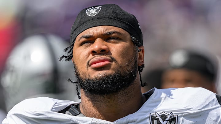 Sep 15, 2024; Baltimore, Maryland, USA; Las Vegas Raiders defensive tackle Jonah Laulu (96) looks on before the game against the Baltimore Ravens at M&T Bank Stadium. Mandatory Credit: Reggie Hildred-Imagn Images