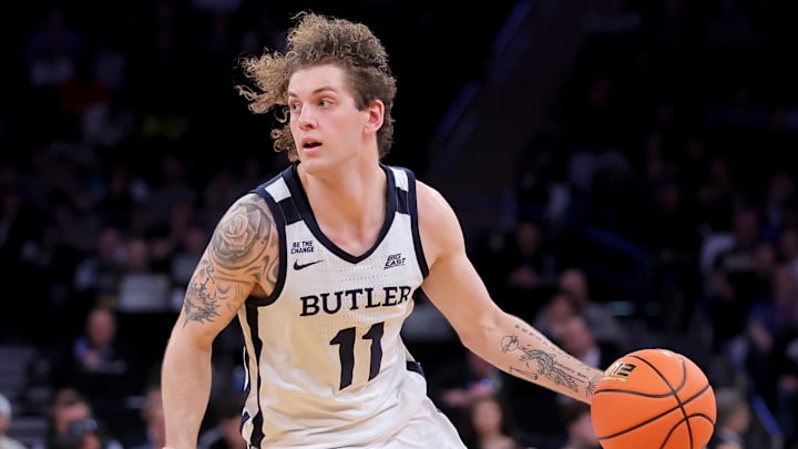 Mar 11, 2026; New York, NY, USA; Butler Bulldogs guard Finley Bizjack (11) controls the ball against the Providence Friars during the second half at Madison Square Garden. Mandatory Credit: Brad Penner-Imagn Images