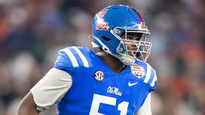 Jan 8, 2026; Glendale, AZ, USA; Mississippi Rebels defensive tackle Zxavian Harris (51) against the Miami Hurricanes during the 2026 Fiesta Bowl and semifinal game of the College Football Playoff at State Farm Stadium. Mandatory Credit: Mark J. Rebilas-Imagn Images