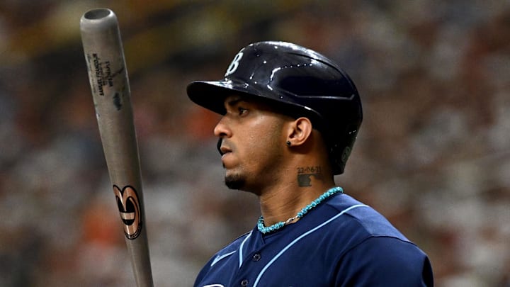 Tampa Bay Rays shortstop Wander Franco prepares for his plate appearance. Tampa Bay Rays shortstop Wander Franco prepares for his plate appearance.