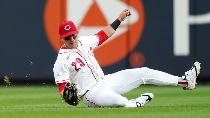 Cincinnati Reds center fielder TJ Friedl (29) catches a fly ball in the second inning of a MLB game between the Cincinnati Reds and Pittsburgh Pirates, Tuesday, March 31, 2026, at Great American Ball Park in downtown Cincinnati.