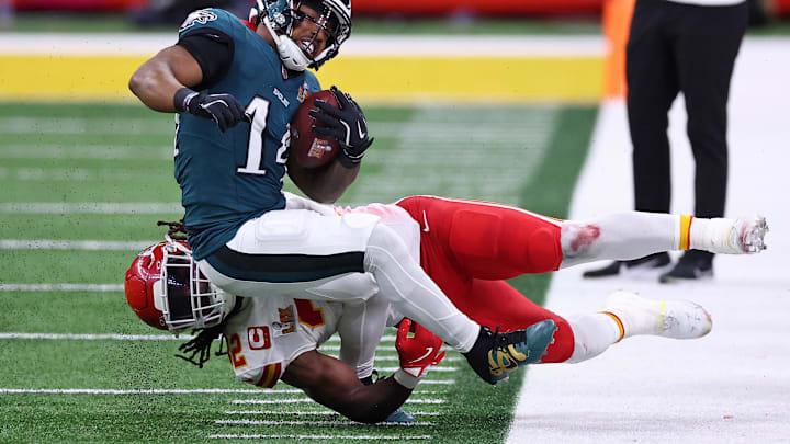 Feb 9, 2025; New Orleans, LA, USA; Kansas City Chiefs linebacker Nick Bolton (32) tackles Philadelphia Eagles running back Kenneth Gainwell (14) during the first half of Super Bowl LIX at Caesars Superdome. Mandatory Credit: Bill Streicher-Imagn Images Feb 9, 2025; New Orleans, LA, USA; Kansas City Chiefs linebacker Nick Bolton (32) tackles Philadelphia Eagles running back Kenneth Gainwell (14) during the first half of Super Bowl LIX at Caesars Superdome. Mandatory Credit: Bill Streicher-Imagn Images