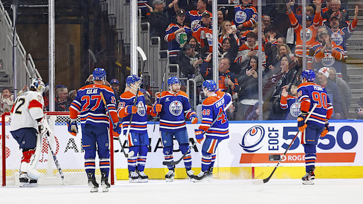 The Edmonton Oilers celebrate a goal scored by forward Connor Brown (28)