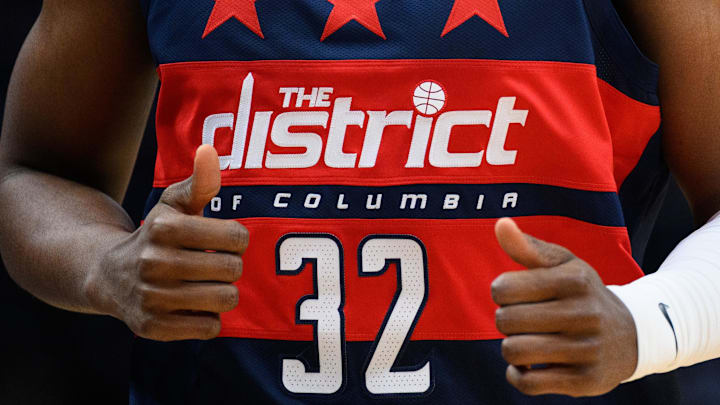 Mar 24, 2025; Washington, District of Columbia, USA; A detailed view a jersey worn by Washington Wizards forward Khris Middleton (32) during the first quarter against the Toronto Raptors at Capital One Arena. Mandatory Credit: Reggie Hildred-Imagn Images