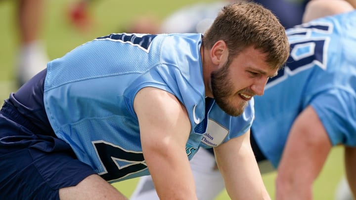 Tennessee Titans linebacker Ben Niemann (47) stretches during an OTA practice at Ascension Saint Thomas Sports Park in Nashville, Tenn., Wednesday, June 14, 2023.