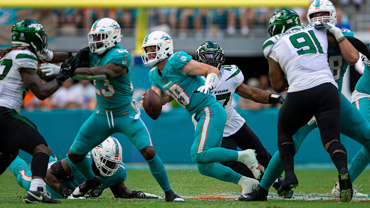 Miami Dolphins quarterback Skylar Thompson (19) in action against the New York Jets during NFL action Sunday January 08, 2023 at Hard Rock Stadium in Miami Gardens. Miami Dolphins quarterback Skylar Thompson (19) in action against the New York Jets during NFL action Sunday January 08, 2023 at Hard Rock Stadium in Miami Gardens.