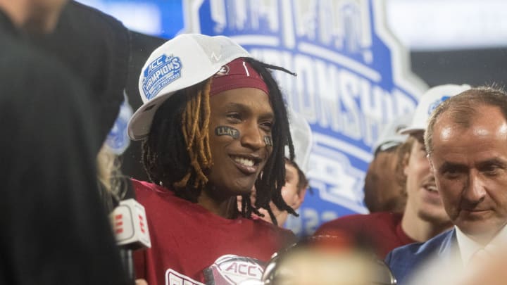 Florida State Seminoles running back Lawrance Toafili (9) is given the title of MVP. The Florida State Seminoles defeated the Louisville Cardinals 16-6 to claim the ACC Championship title in Charlotte, North Carolina on Saturday, Dec. 2, 2023. Florida State Seminoles running back Lawrance Toafili (9) is given the title of MVP. The Florida State Seminoles defeated the Louisville Cardinals 16-6 to claim the ACC Championship title in Charlotte, North Carolina on Saturday, Dec. 2, 2023.