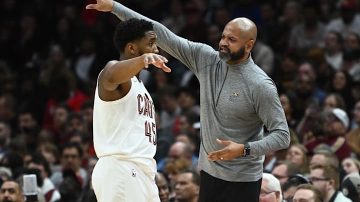 Feb 11, 2023; Cleveland, Ohio, USA; Cleveland Cavaliers head coach J.B. Bickerstaff talks to guard Donovan Mitchell (45) during the second half against the Chicago Bulls at Rocket Mortgage FieldHouse. Mandatory Credit: Ken Blaze-Imagn Images