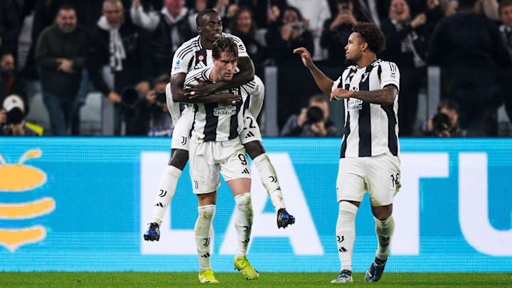 Timothy Weah (L) of Juventus FC celebrates with Dusan...