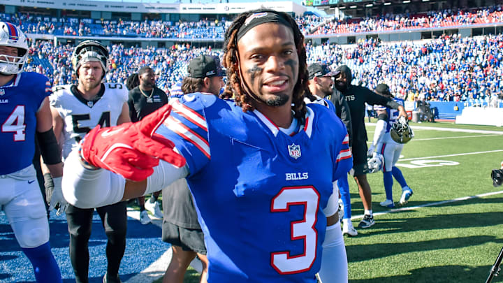 Buffalo Bills safety Damar Hamlin (3) on the field after a game against the New Orleans Saints at Highmark Stadium. Buffalo Bills safety Damar Hamlin (3) on the field after a game against the New Orleans Saints at Highmark Stadium.