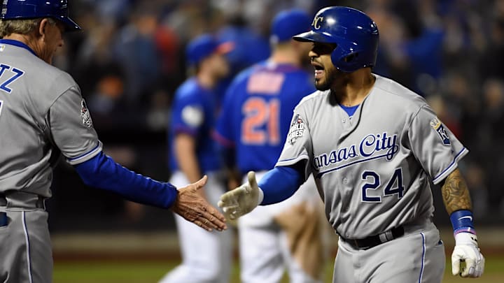 Nov 1, 2015; New York City, NY, USA; Kansas City Royals pinch hitter Christian Colon (24) reacts after hitting a RBI single against the New York Mets in the 12th inning in game five of the World Series at Citi Field. He was hired as the head baseball coach at McDonald County High School in Anderson, Mo. Mandatory Credit: Robert Deutsch-Imagn Images Nov 1, 2015; New York City, NY, USA; Kansas City Royals pinch hitter Christian Colon (24) reacts after hitting a RBI single against the New York Mets in the 12th inning in game five of the World Series at Citi Field. He was hired as the head baseball coach at McDonald County High School in Anderson, Mo. Mandatory Credit: Robert Deutsch-Imagn Images
