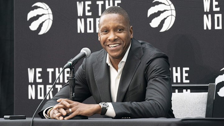 Sep 26, 2022; Toronto, Ontario, CA; Masai Ujiri Vice Chairman and Team President of the Toronto Raptors talks to the media during Media Day at the Hotel X. Mandatory Credit: Nick Turchiaro-Imagn Images